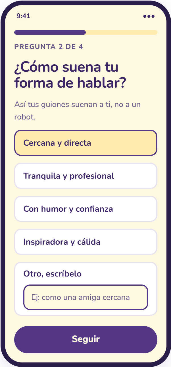 Pregunta para elegir tu estilo de hablar, con opción para escribir el tuyo