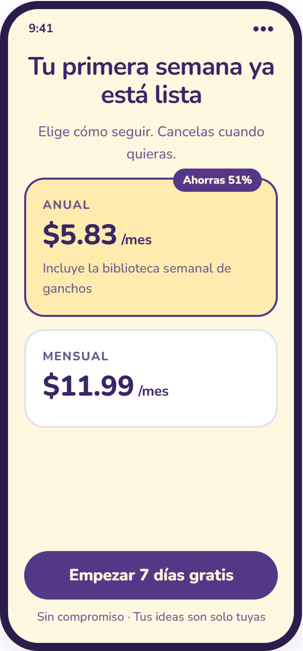 Planes anual y mensual con 7 días gratis